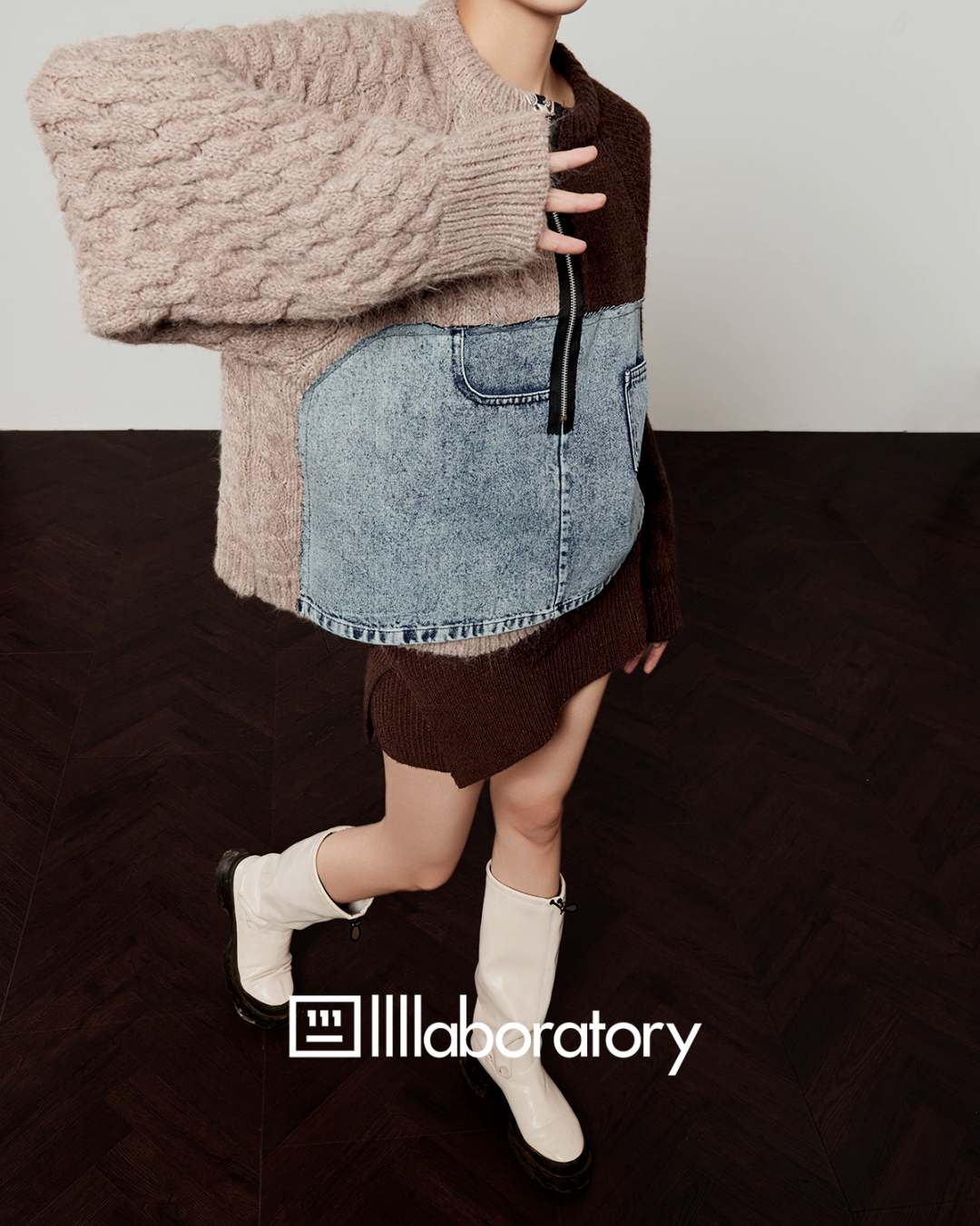 Color Block Denim Patchwork Top / Knit Mini Skirt LLA0578