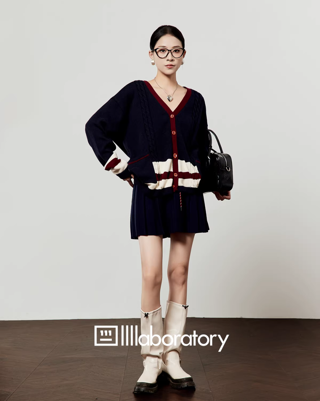 V-Neck Knit Cardigan/A-Line Mini Skirt LLA0579