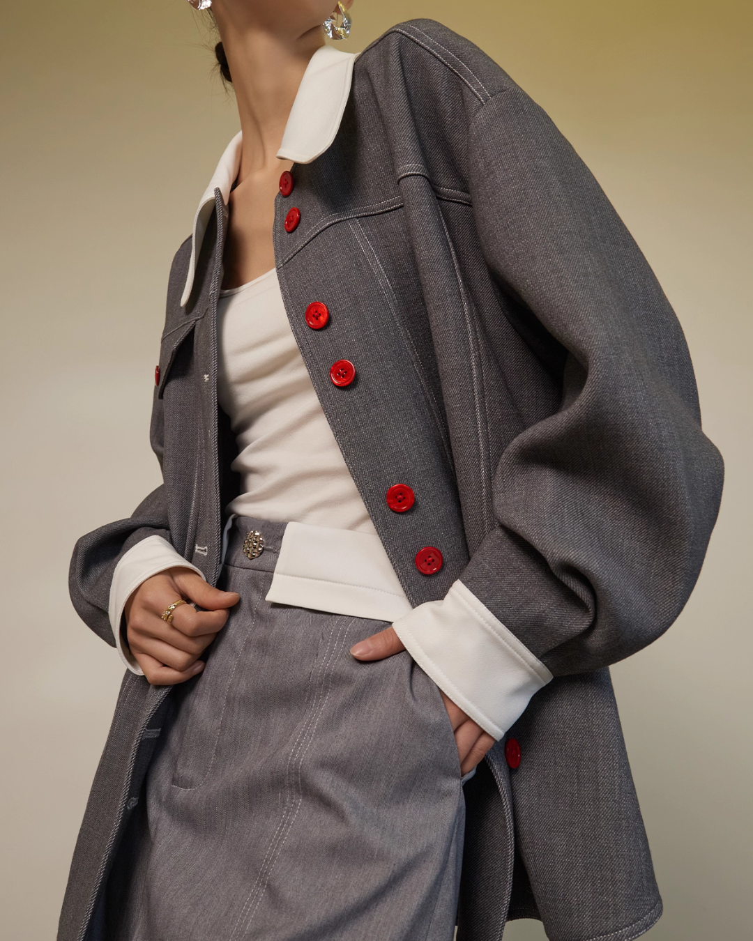 Red Button Patchwork Jacket / Shorts SUY0014