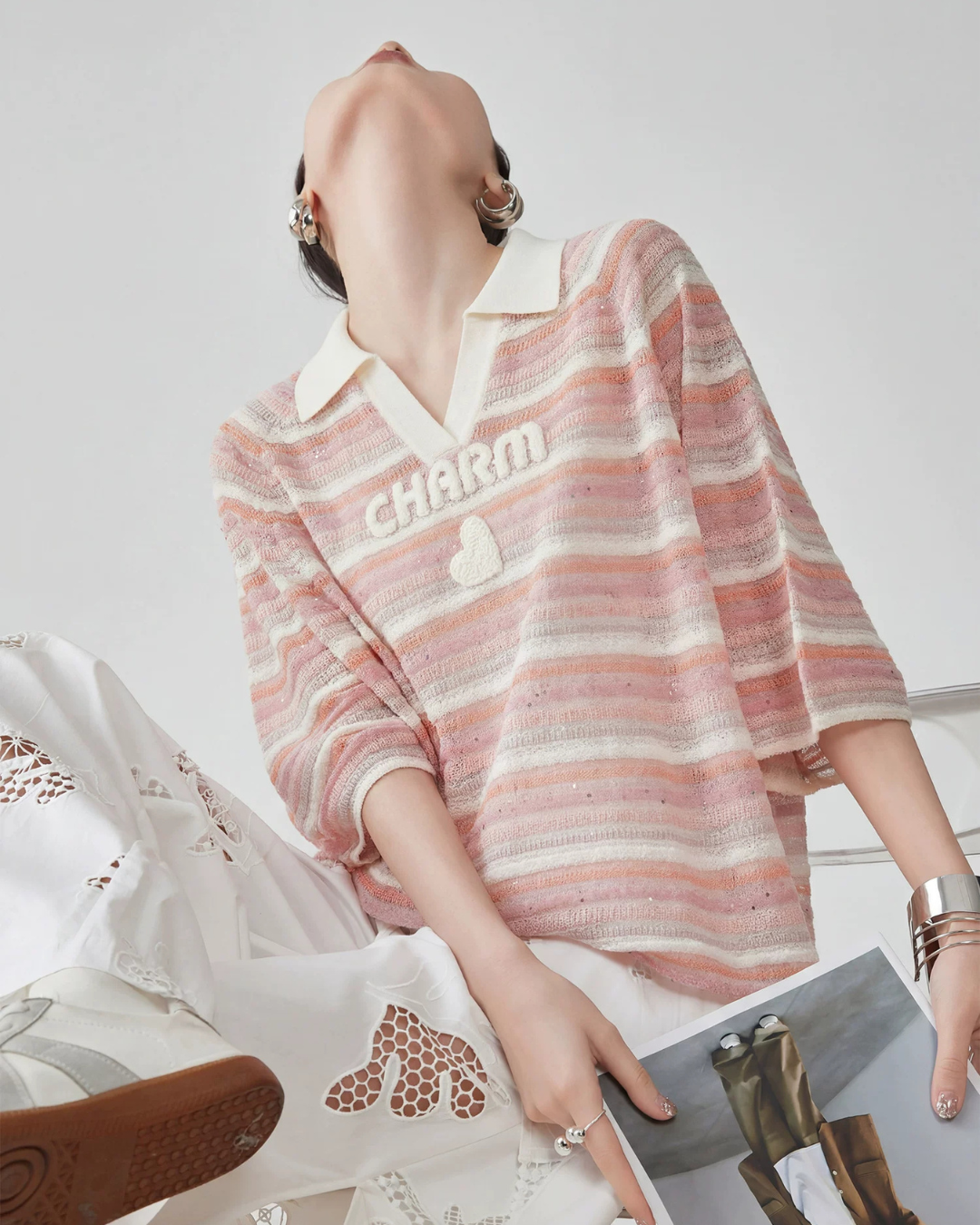 Sheer Border Pattern Polo Sweater FER0351