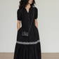 V-Neck Short Sleeved Black Dress VAS0095