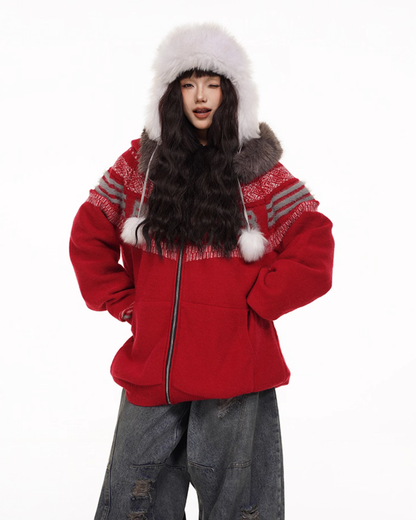 Fur Hood Retro Knit Cardigan FEC0002