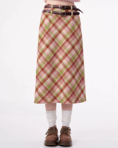 High Waist Plaid Wool Skirt ZZF0301