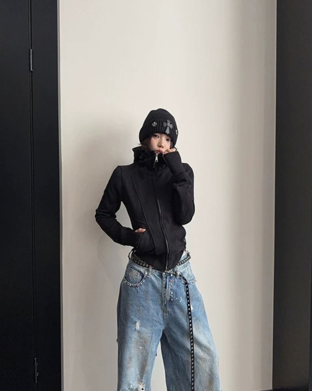 High-Neck Hooded Zip-Up Hoodie YLS1057