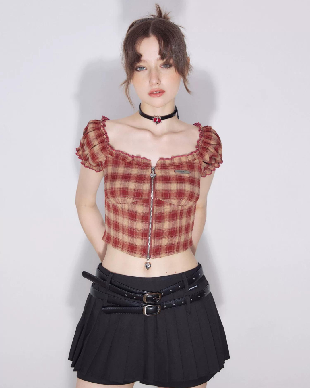 Retro Plaid Off-Shoulder Tops ZZF0236