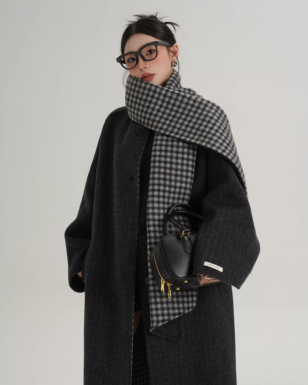 Collarless Coat with Checkered Scarf SRS0405