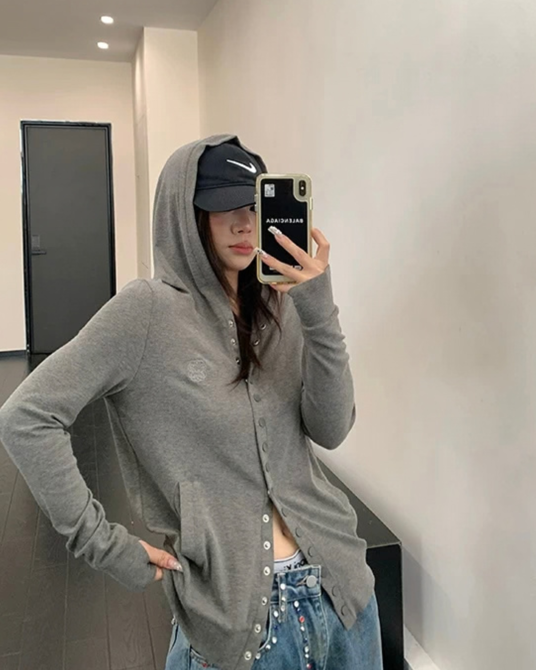 Snap Button Hooded Cardigan YLS1039