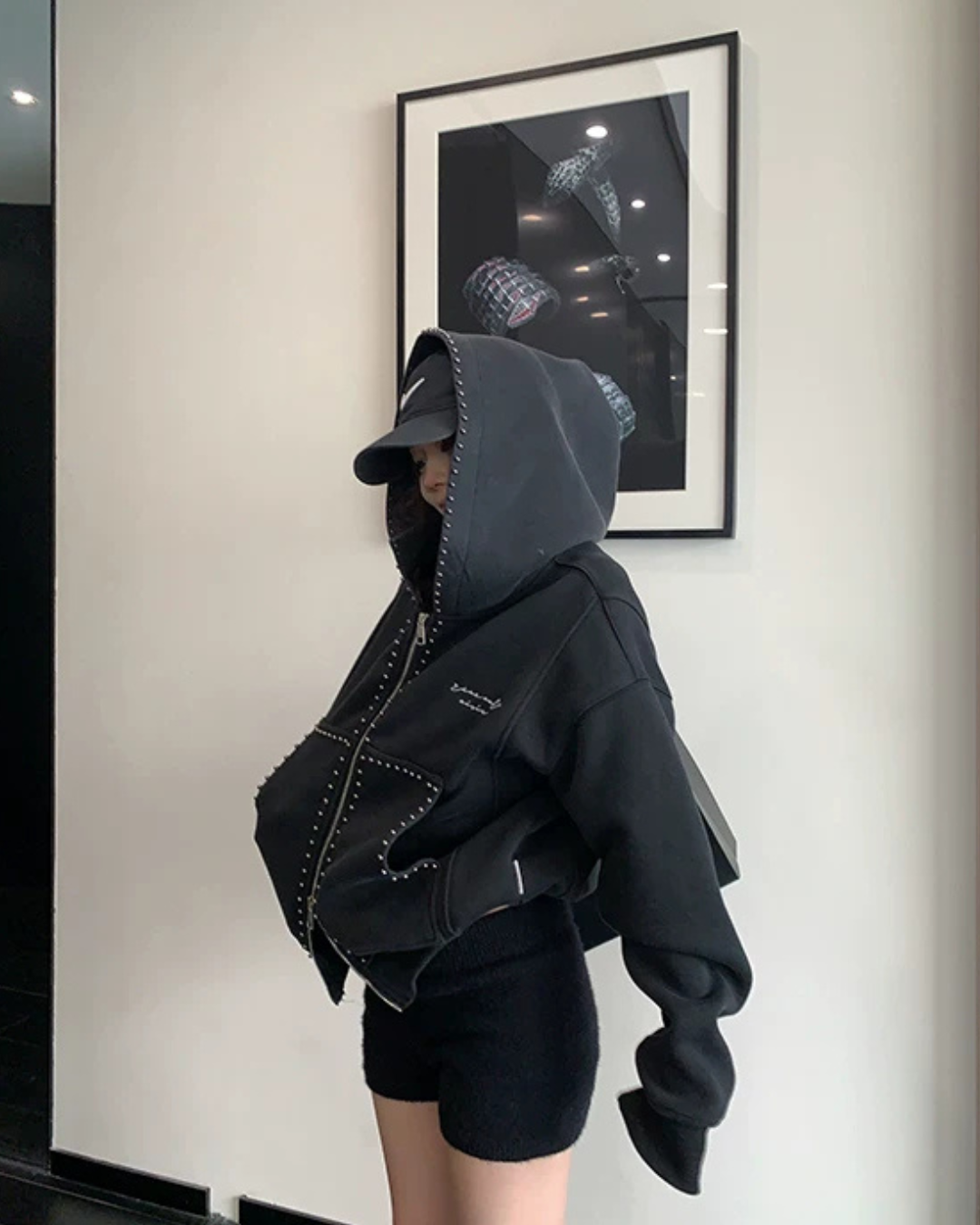 Studded Design Hooded Zip Jacket YLS1033
