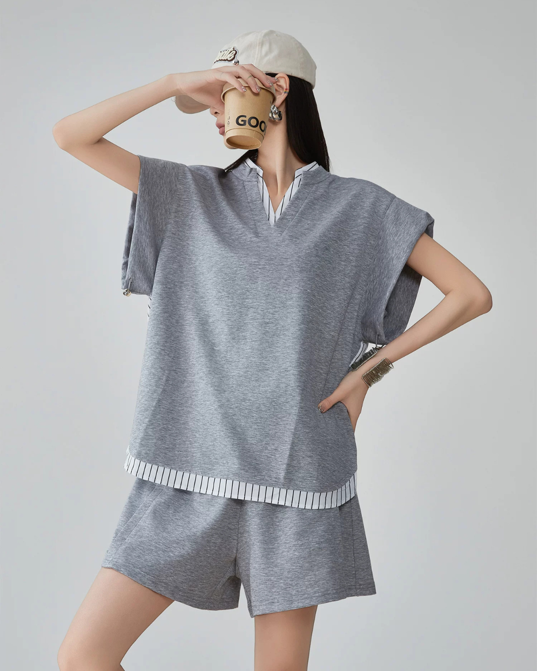 Layered-Style Key Neck Top / Shorts FER0126