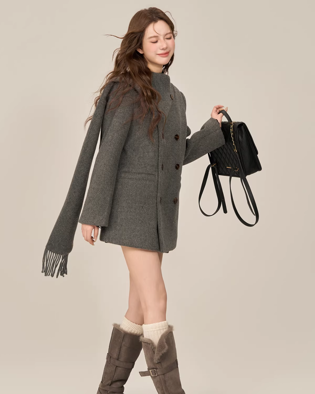 Scarf Collar Double Breasted Wool Coat WDB0003