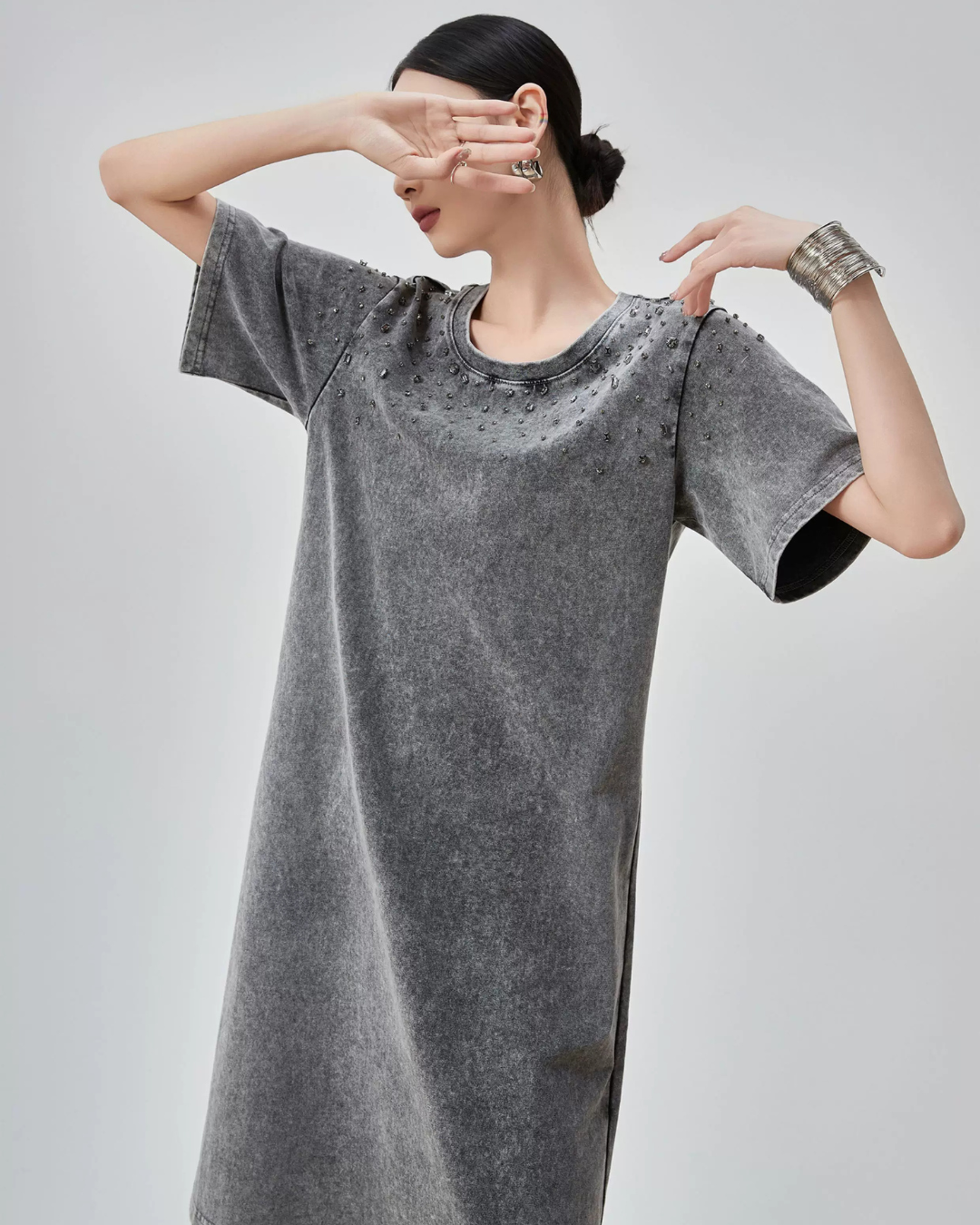 Chemical Wash Studs T-Shirt Dress FER0197