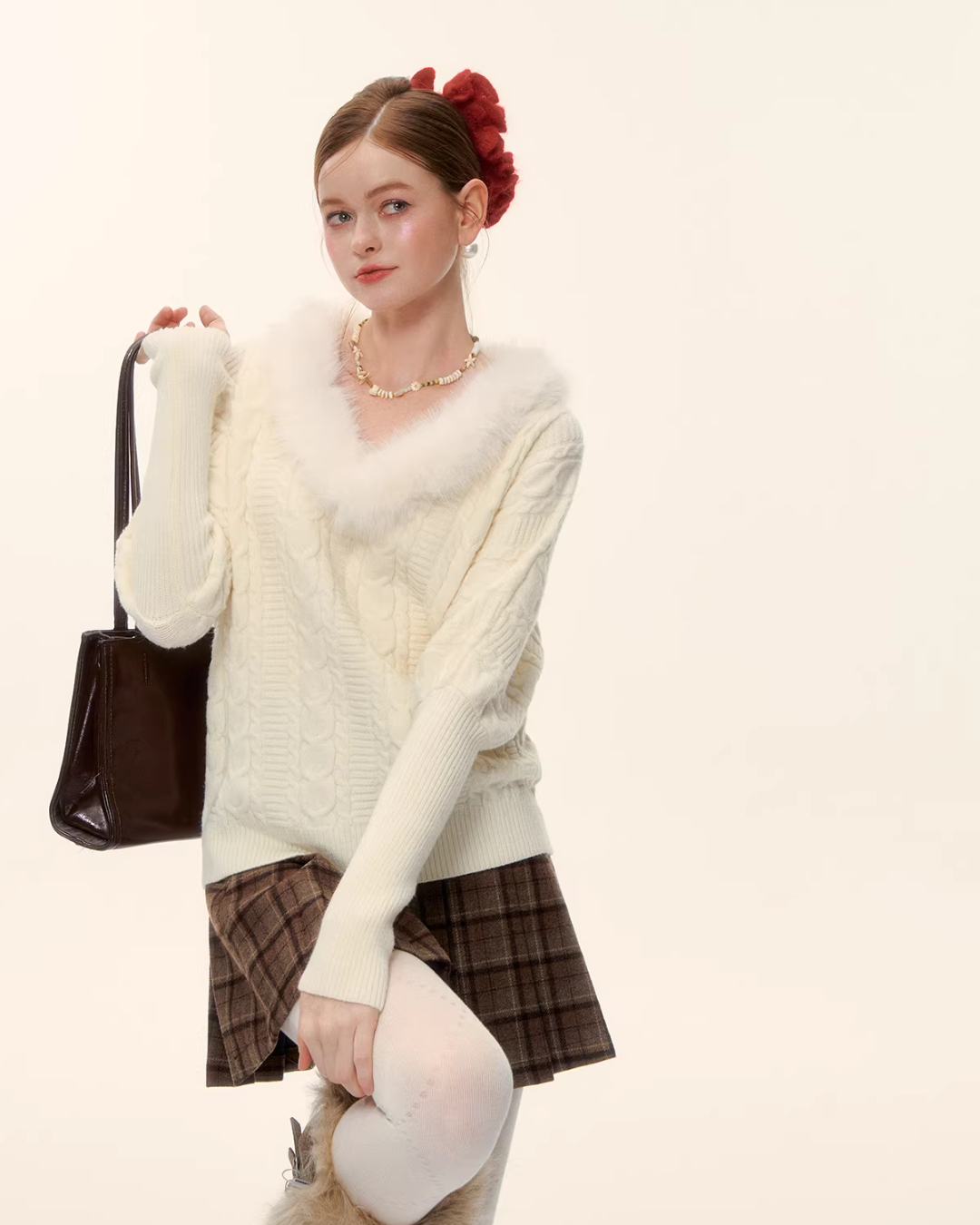 Fur Collar Cable Knit Top ASG0077