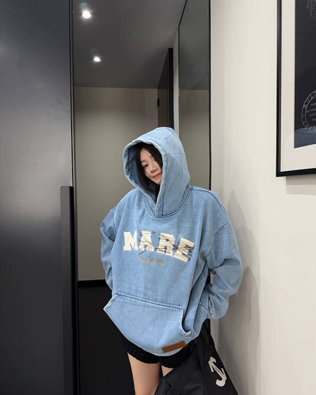 Oversize Retro Embroidered Denim Hoodie YLS1077