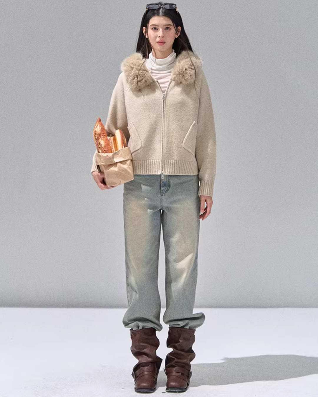 Hooded Fur Zip Knit Cardigan RCR0013