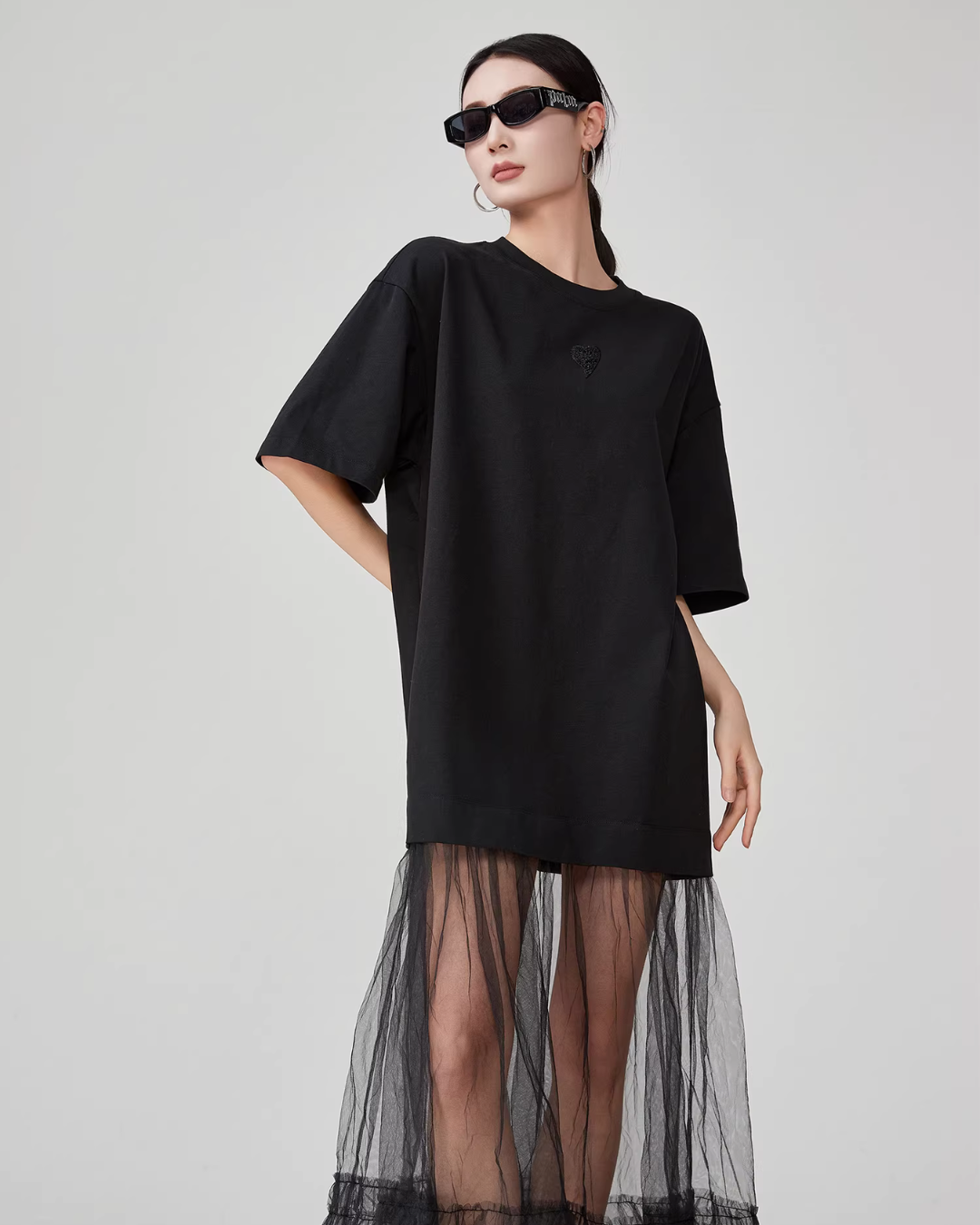 Black Patchwork Mesh T-Shirt Dress FER0055