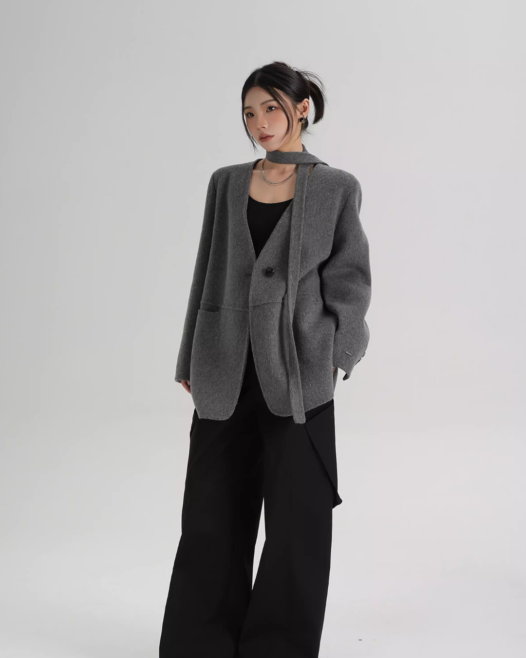 Collarless Wool Coat with Choker SRS0393