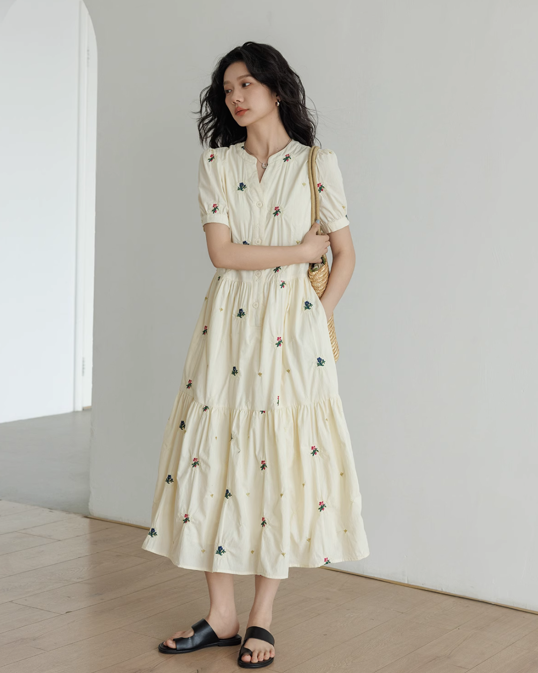 Apricot Flower Embroidery Tiered Long Dress VAS0022