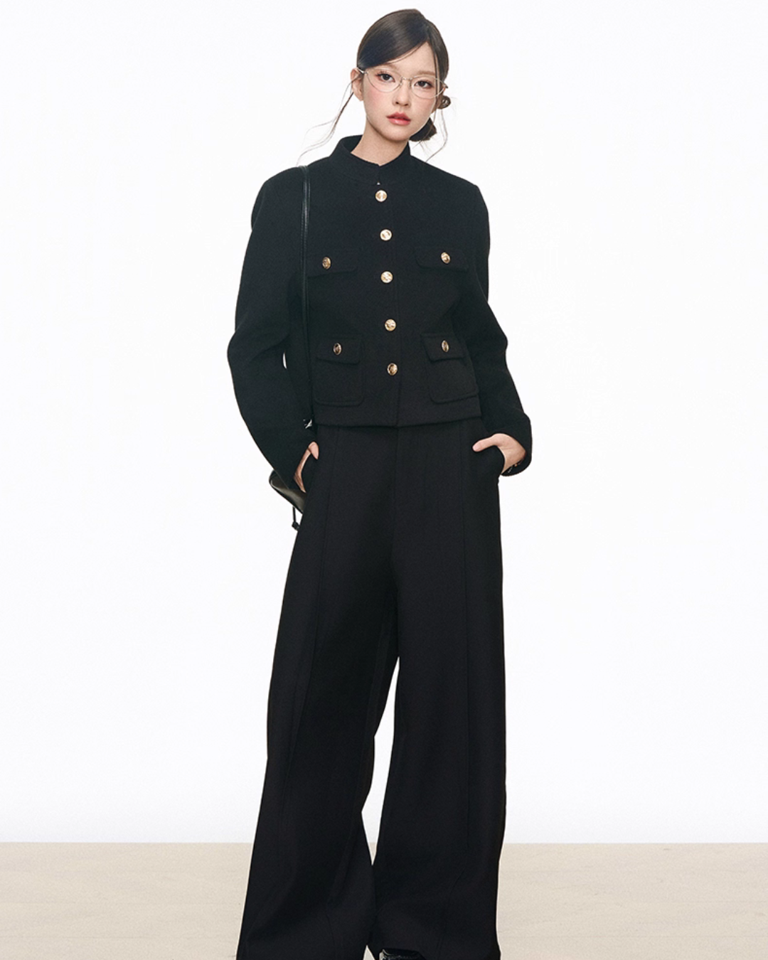 Black Gold Buckle Short Jacket / Black Casual Wide Pants WEO0069