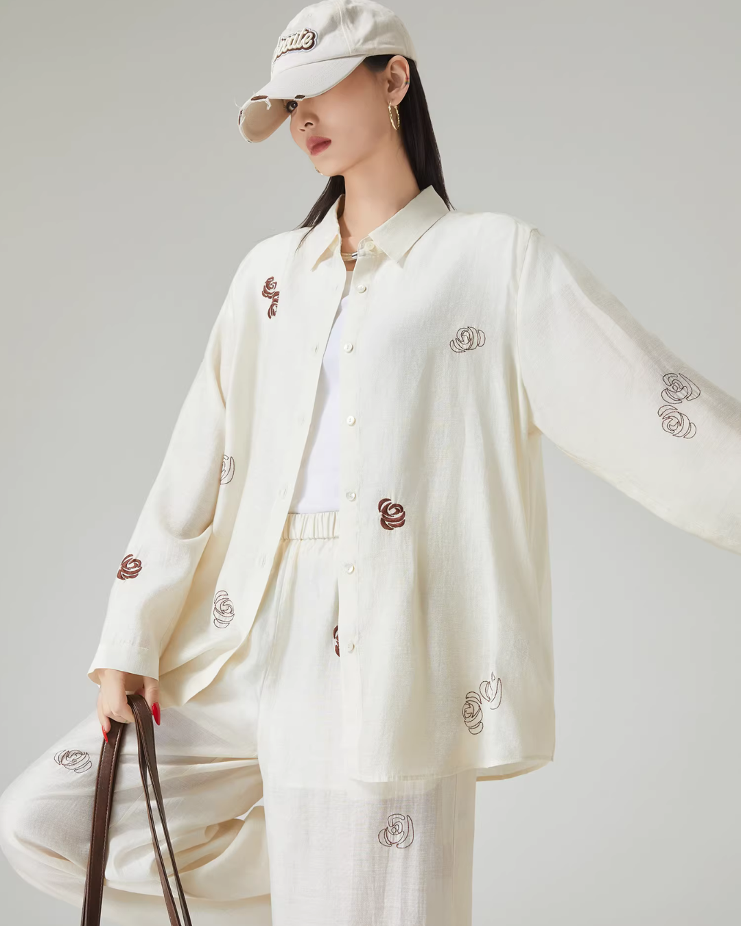 Rose Embroidered Long-Sleeve Shirt / Wide Pants FER0101