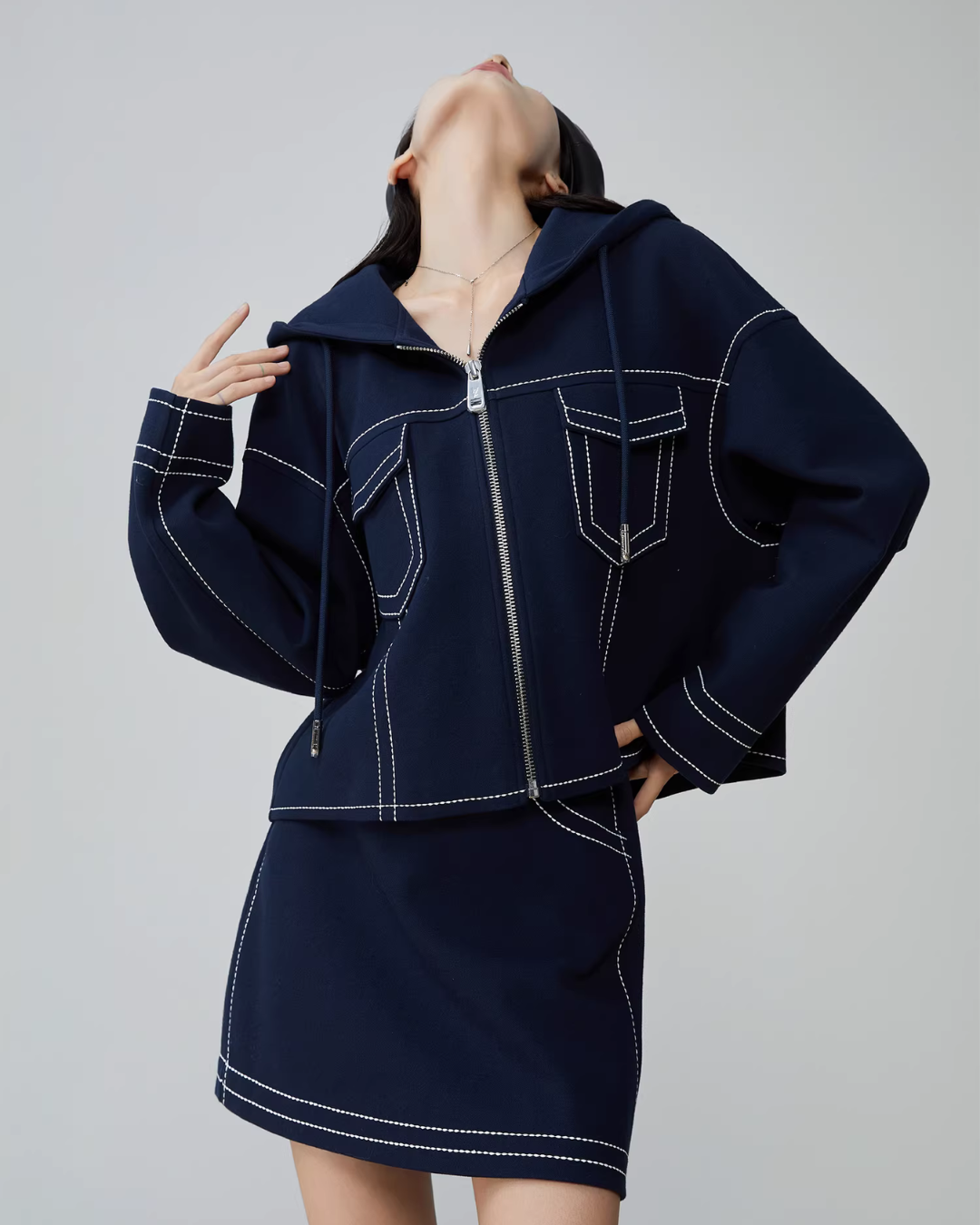 Denim-Style Zip Hoodie / Elastic Waist Mini Skirt FER0051