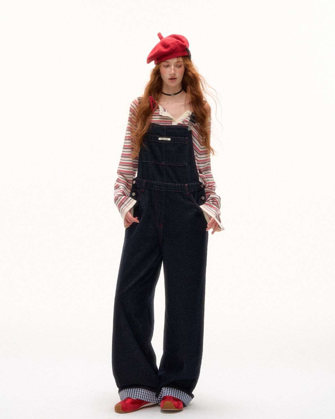 Half Button Border Top / Wide-Leg Denim Overalls ASG0053