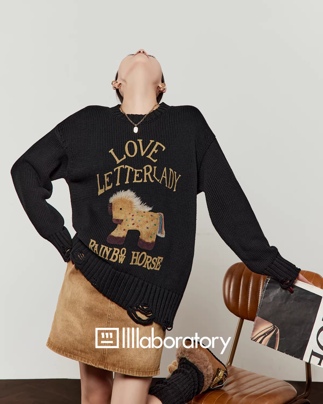 Horse Print Knit Top / Retro Mini Skirt LLA0637