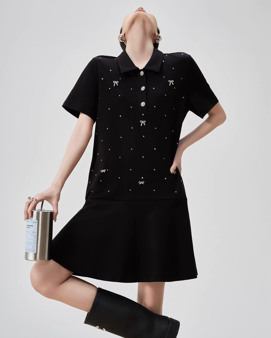 Ribbon Motif Polo Collar Mini Dress FER0113