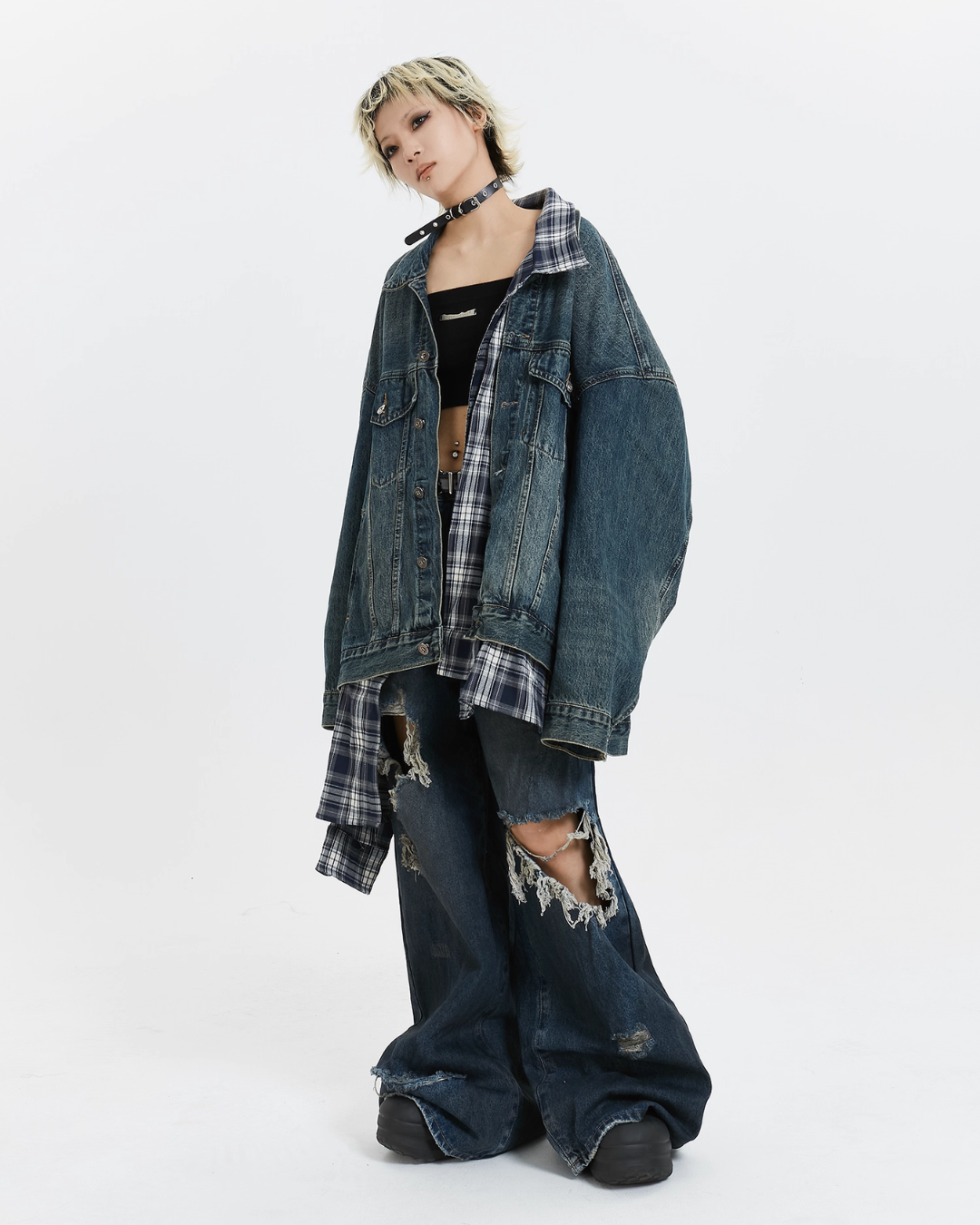 Plaid Shirt Vintage Denim Jacket MCY0005