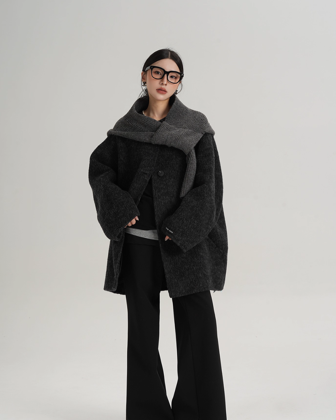 Hood Scarf Mid Length Wool Coat SRS0358