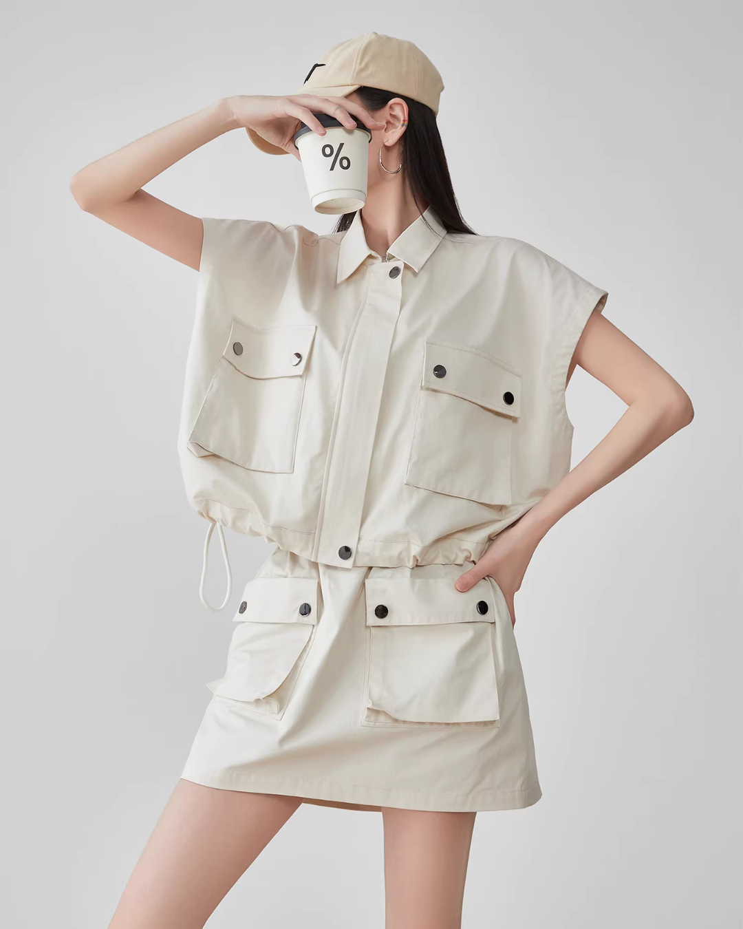 Pocket Drop Shoulder Vest / Half Skirt FER0089