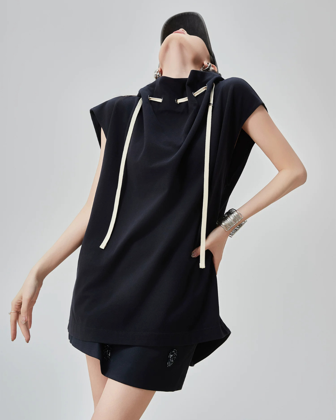 High-Neck Drawstring French Sleeve Top FER0222