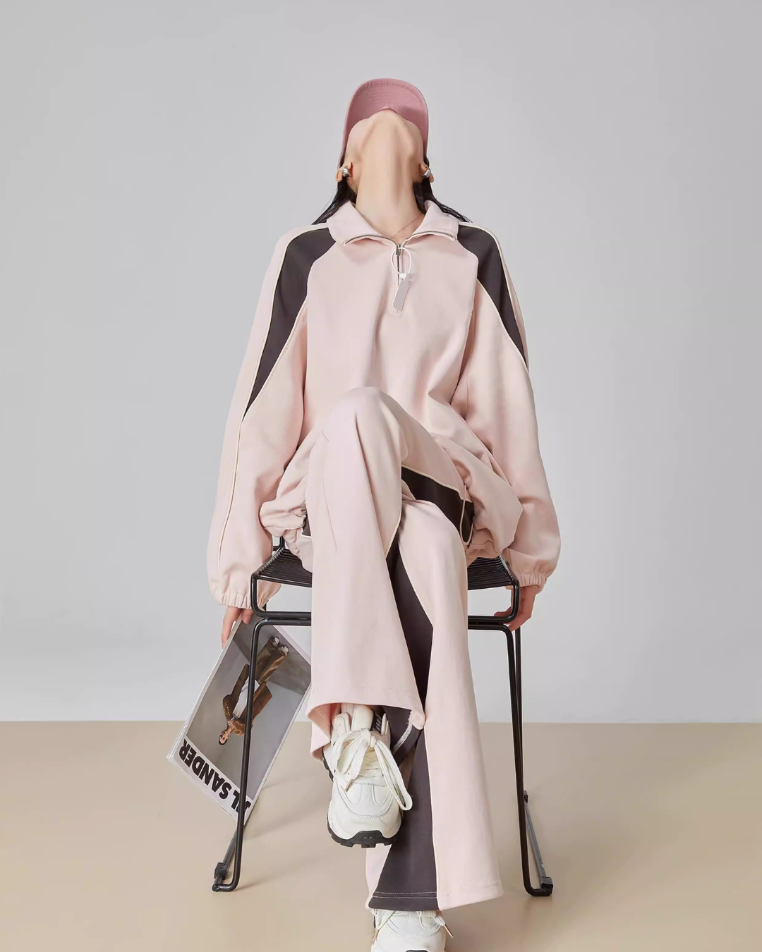 Pink Stand-Collar Sweatshirt / Loose Sweatpants FER0061