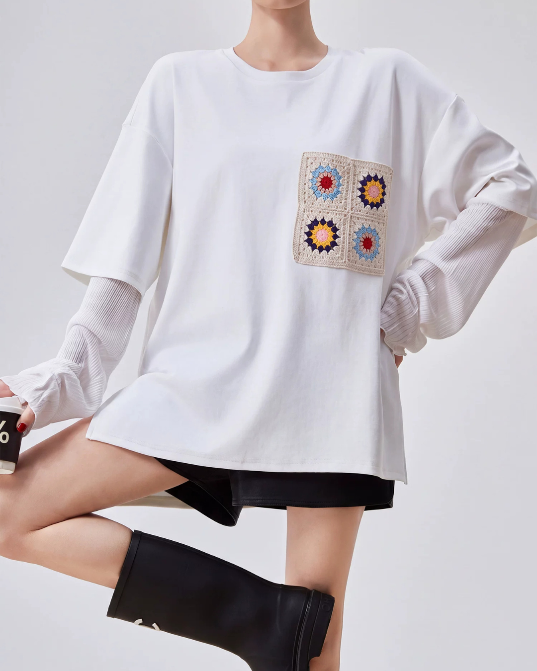 Crochet Flower Pocket Oversized Top FER0367