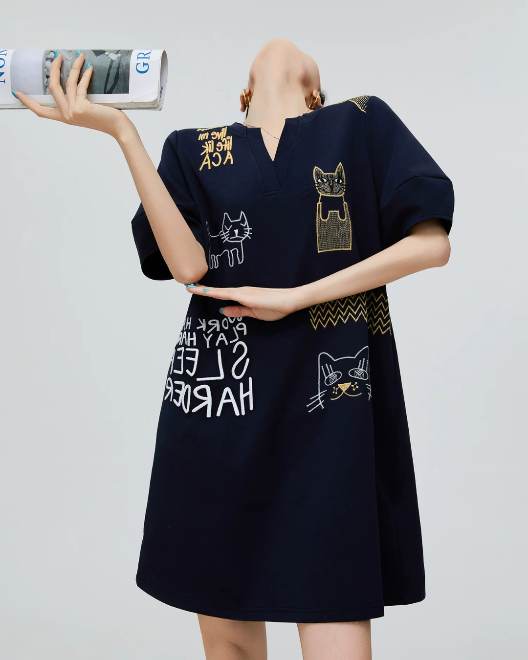Cat Embroidery Key Neck Dress FER0221