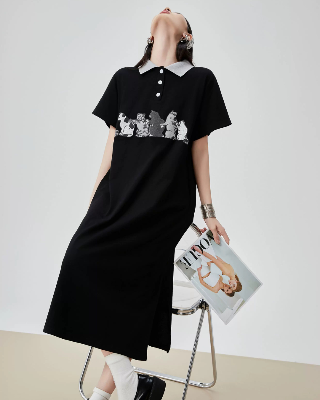 Cat Graphic Polo Long Dress FER0199