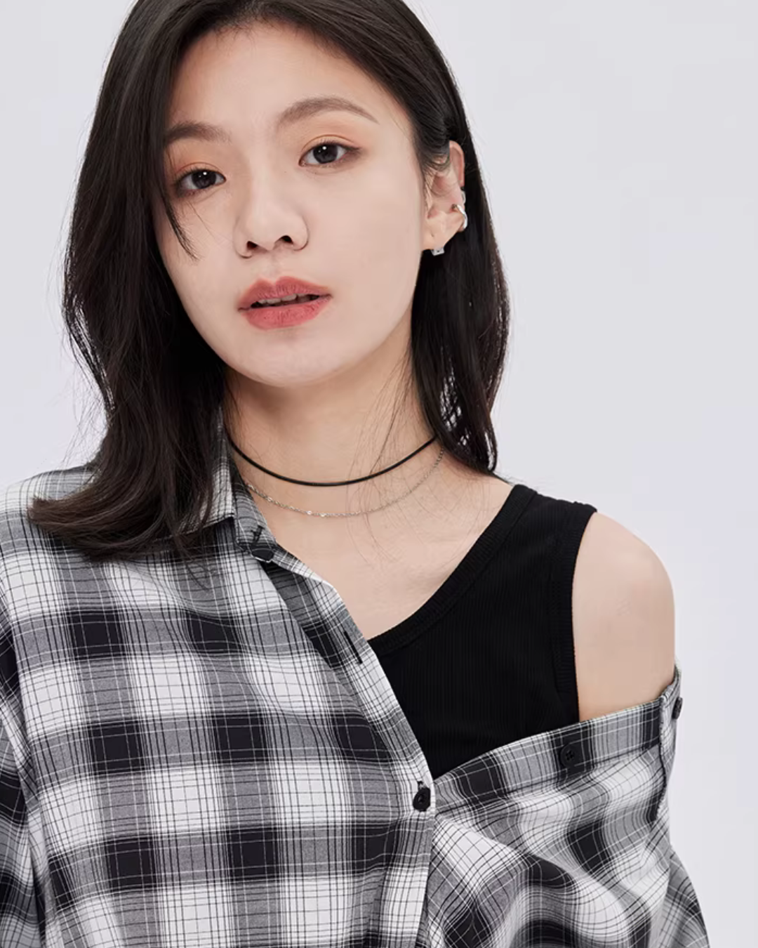 Off-Shoulder Plaid Shirt Dress SHN0049
