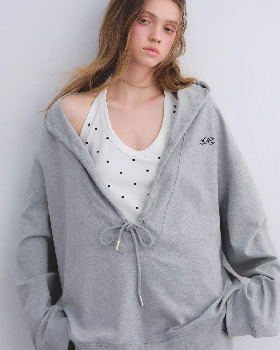 Polka Dot Vest V-Neck Hoodie / Loose Casual Sweatpants ASG0080