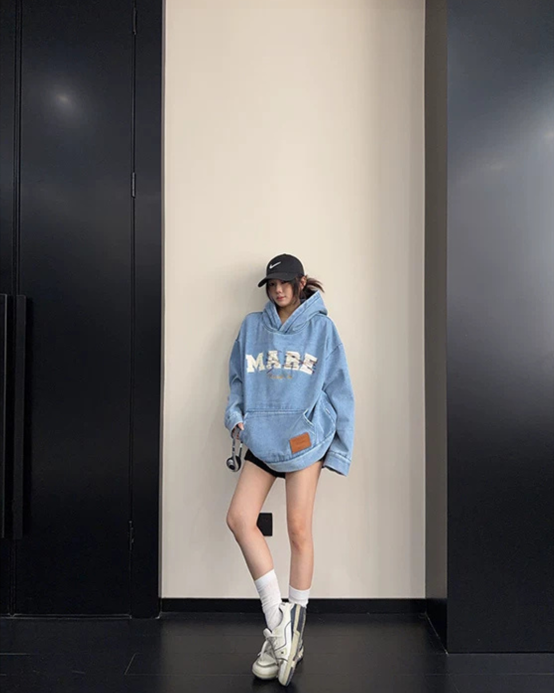 Oversize Retro Embroidered Denim Hoodie YLS1077