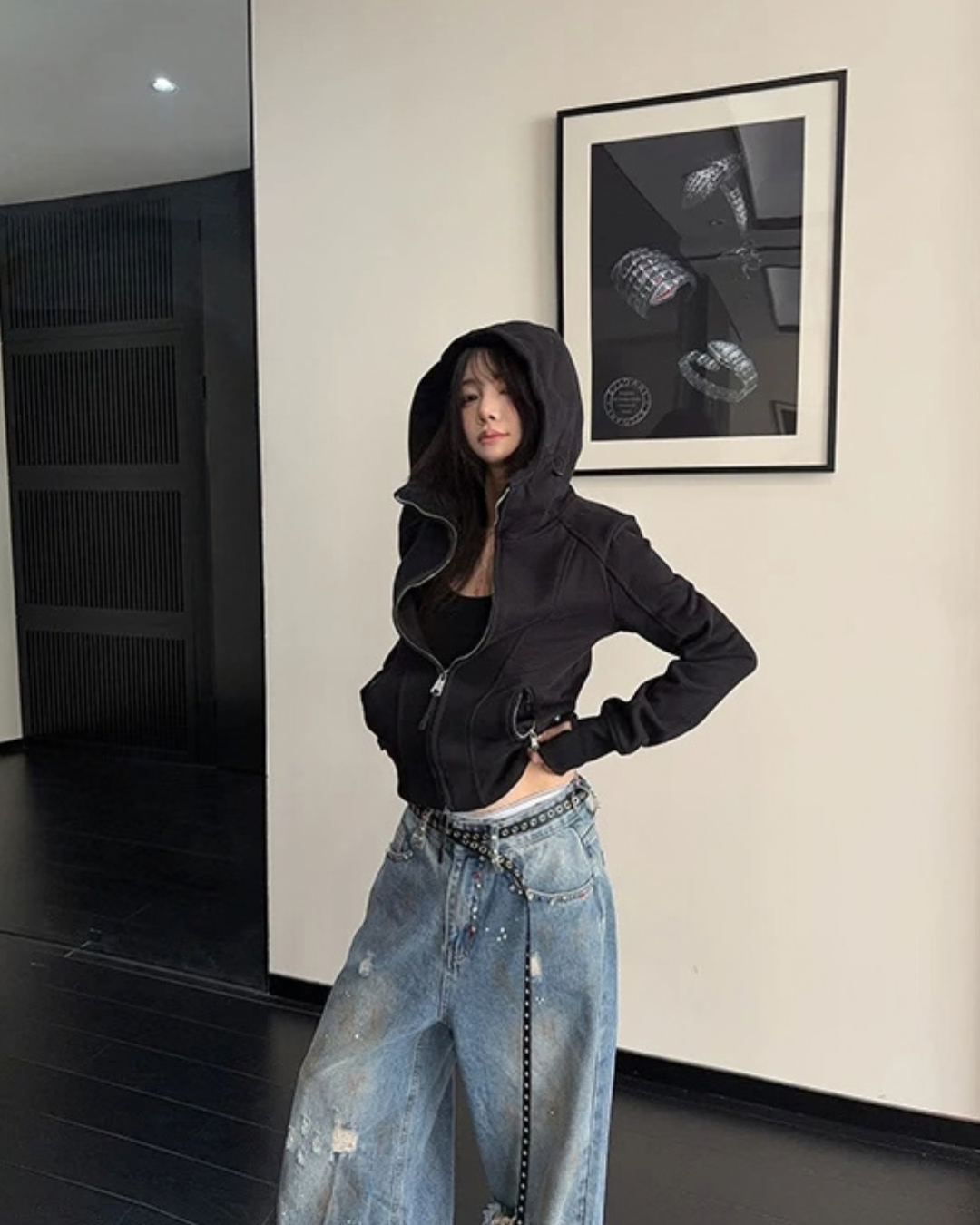 High-Neck Hooded Zip-Up Hoodie YLS1057