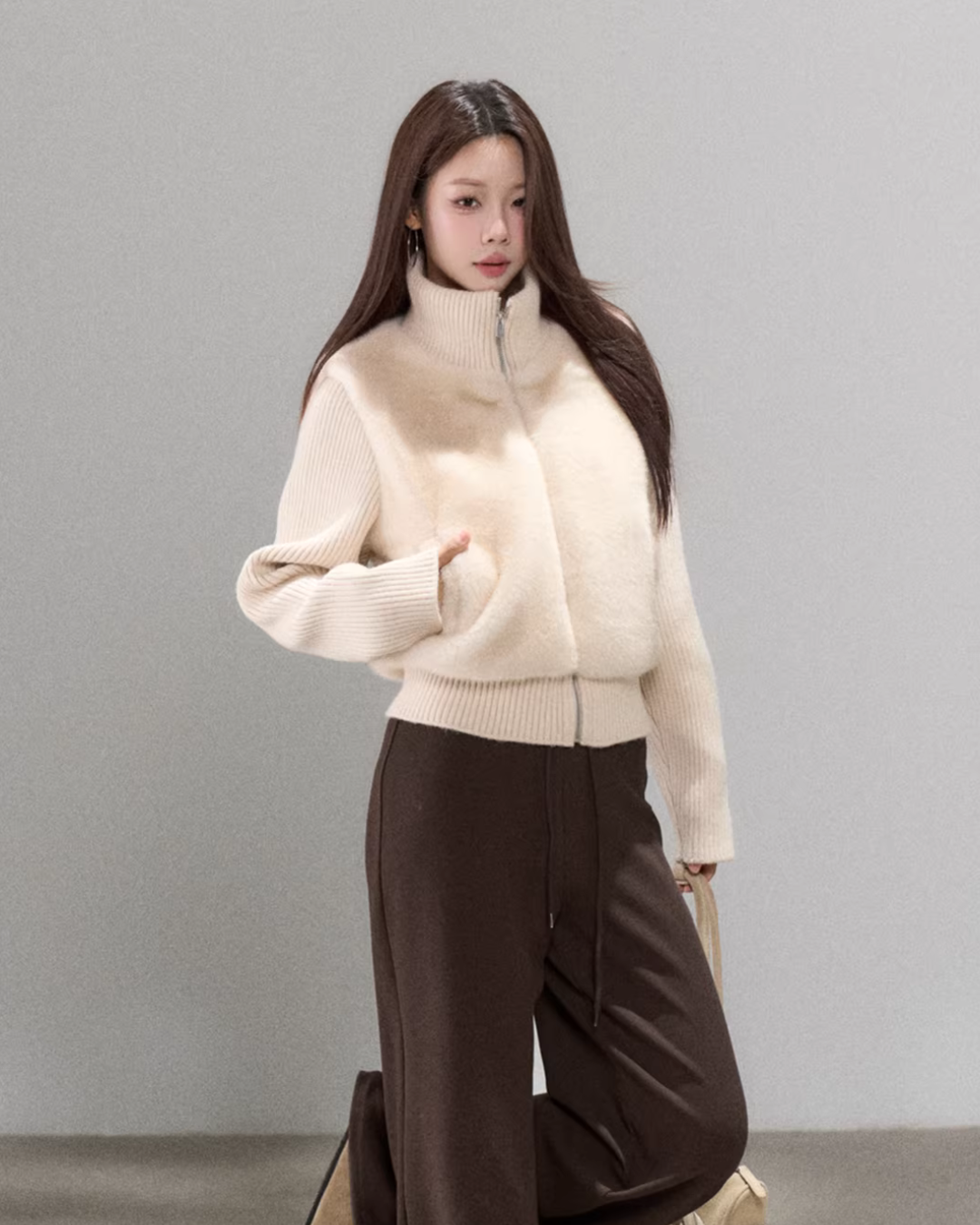 Stand Collar Fur Knit Jacket WDB0005