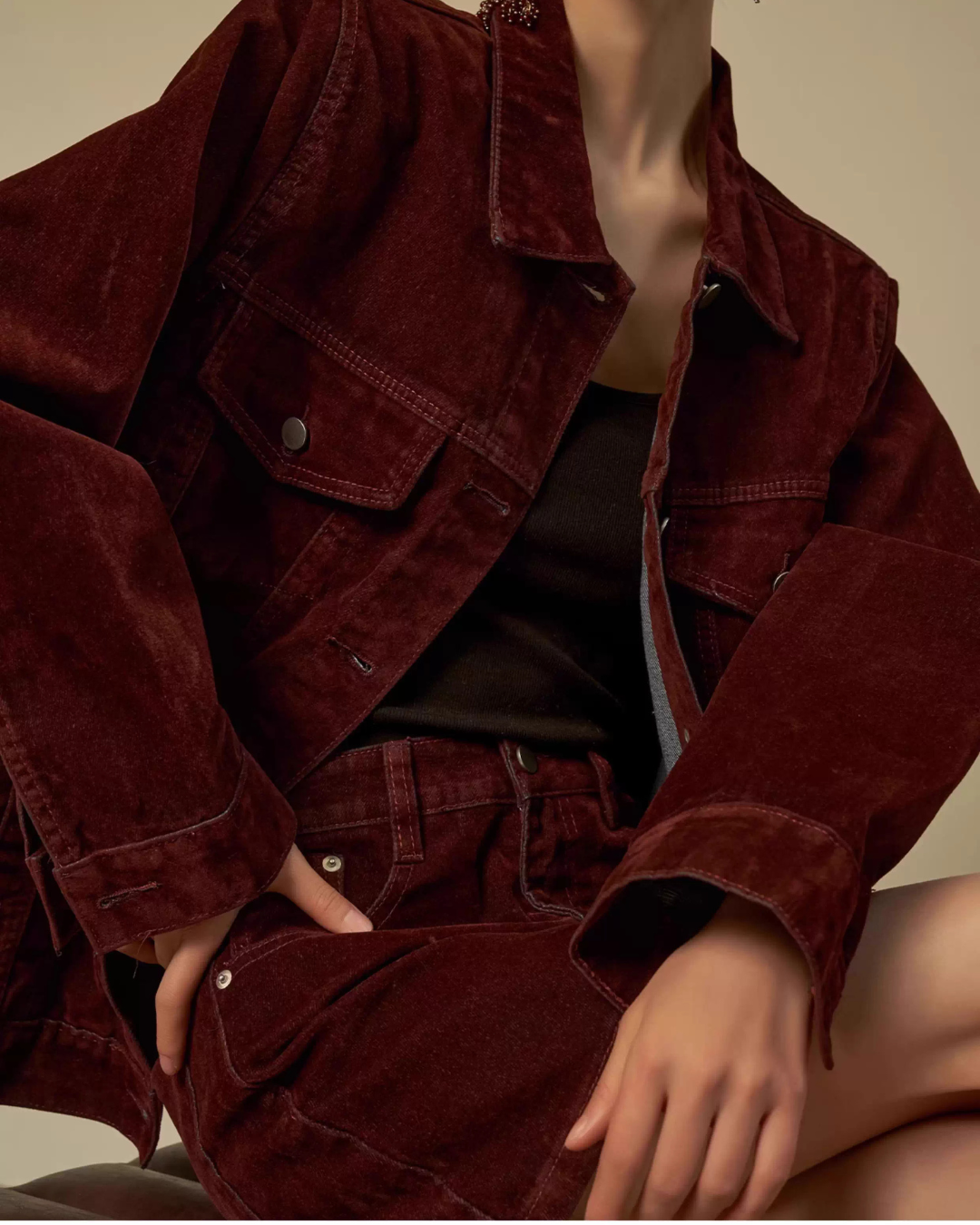 Wine Red Corduroy Jacket / Mini Skirt SUY0030