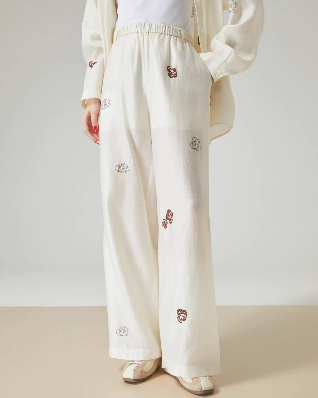Rose Embroidered Long-Sleeve Shirt / Wide Pants FER0101