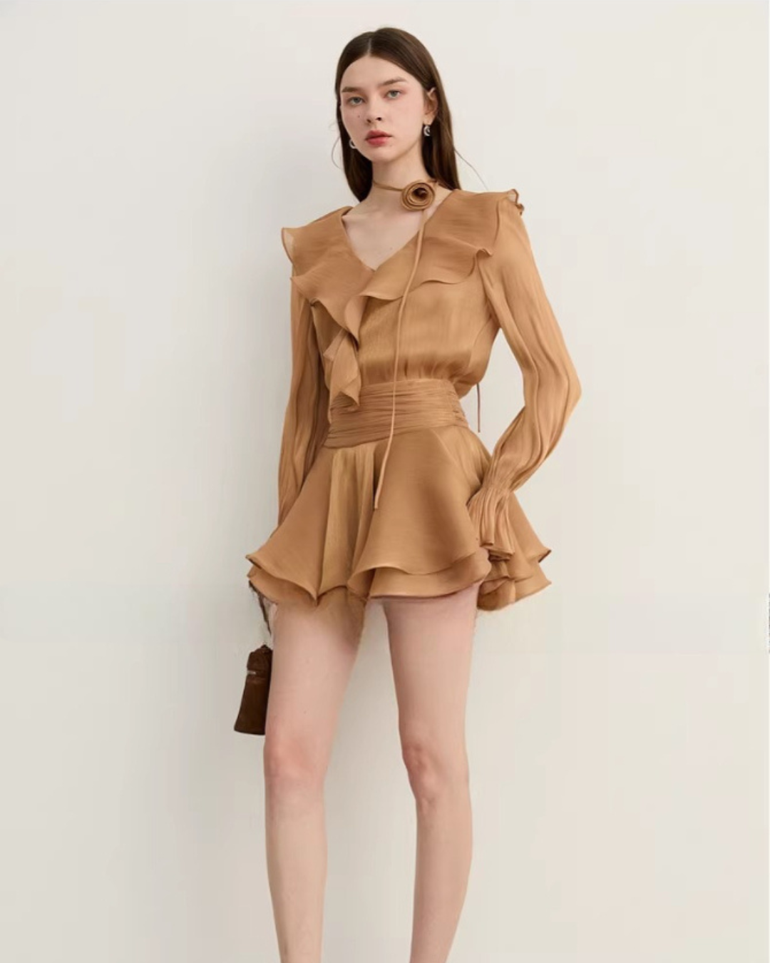 Ruffled Long-sleeve Top / Flared Mini Skirt DPY0076