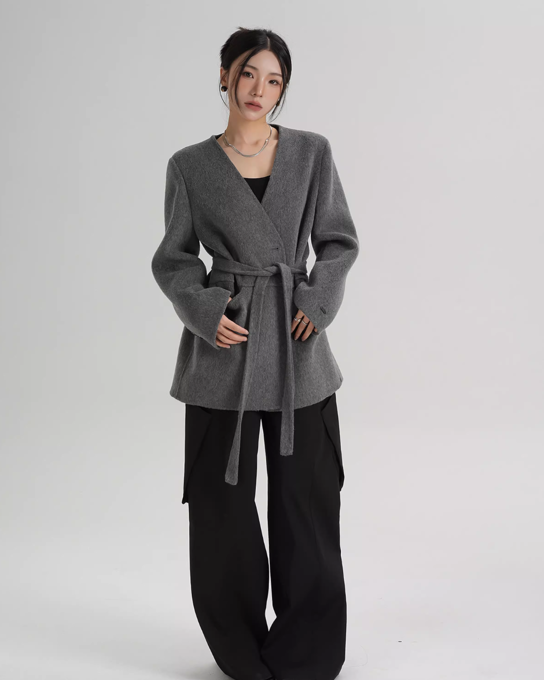 Collarless Wool Coat with Choker SRS0393