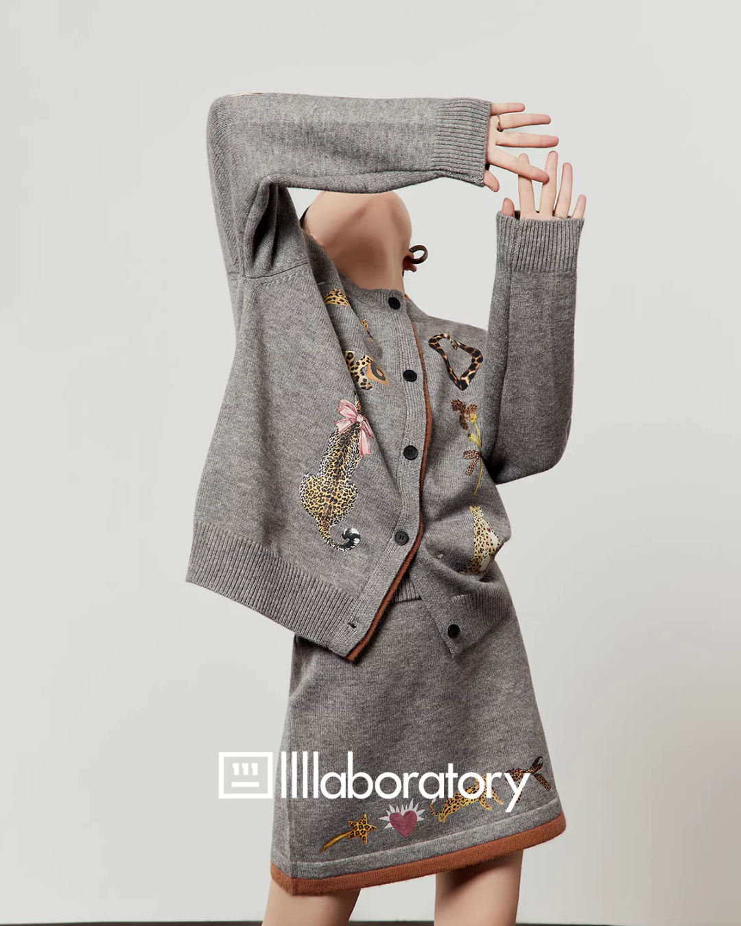 Leopard Print Gray Knit / Knit Mini Skirt LLA0638