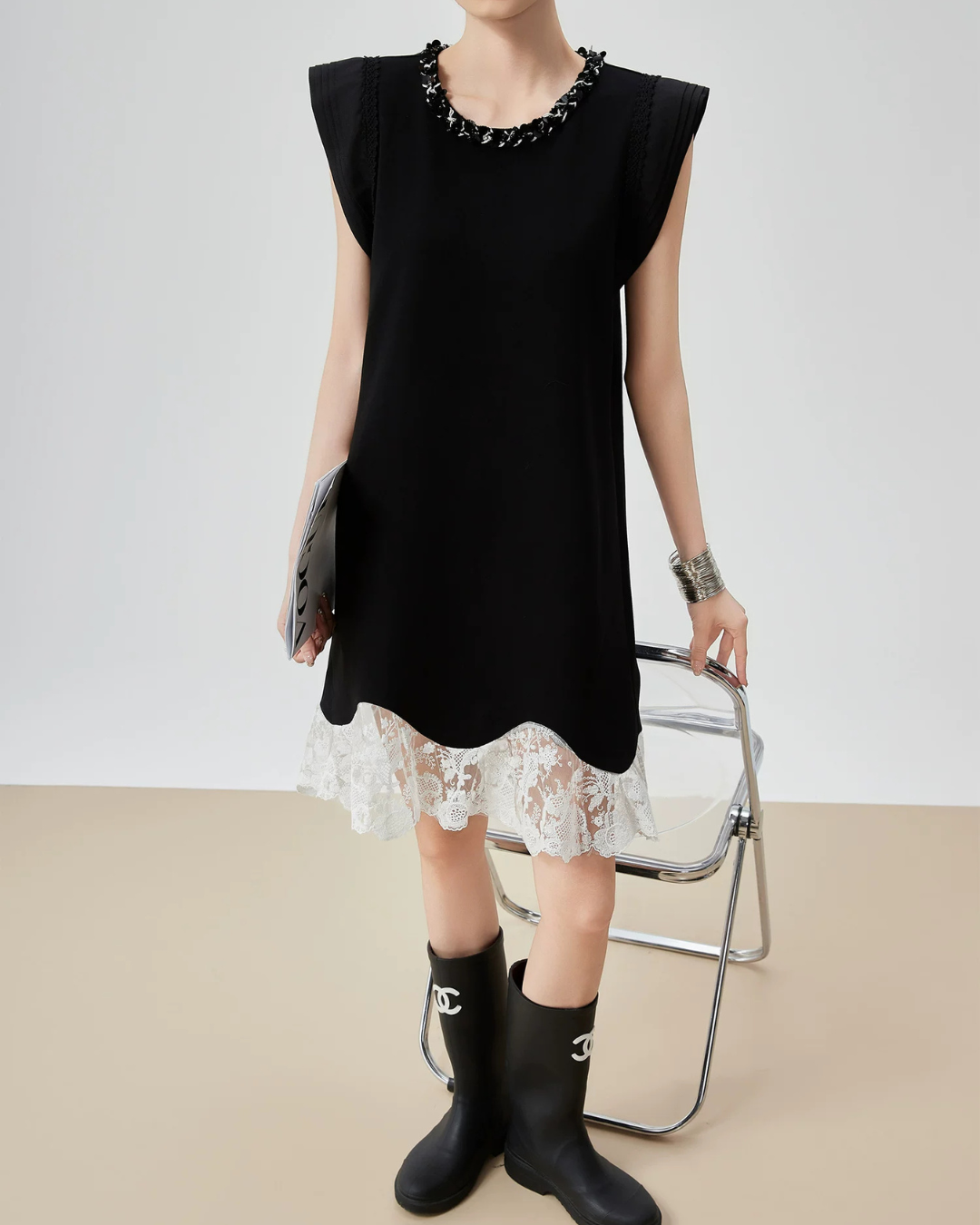 Lace Switching Asymmetry Dress FER0139