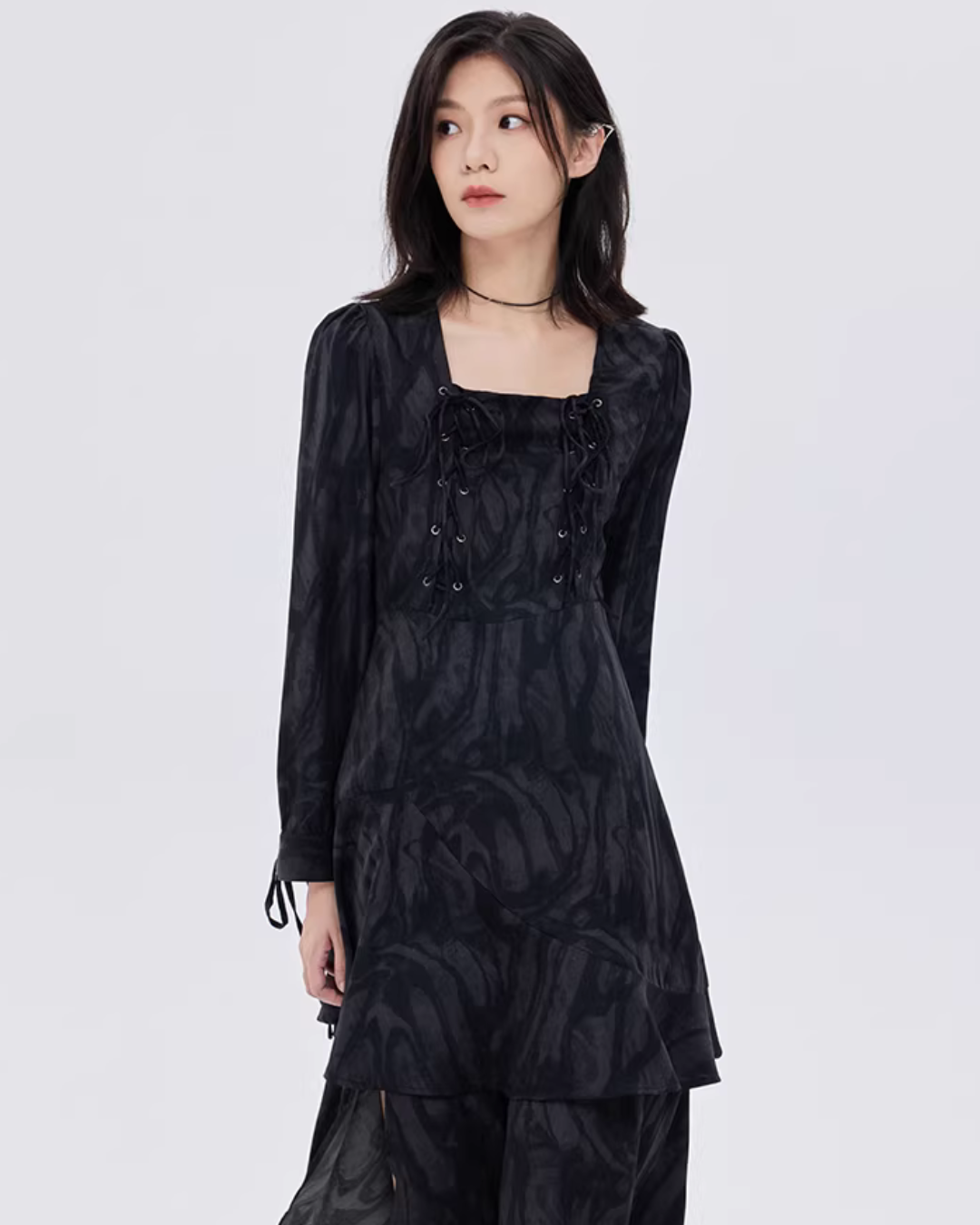 Marble Mid-Length Black Dress SHN0051