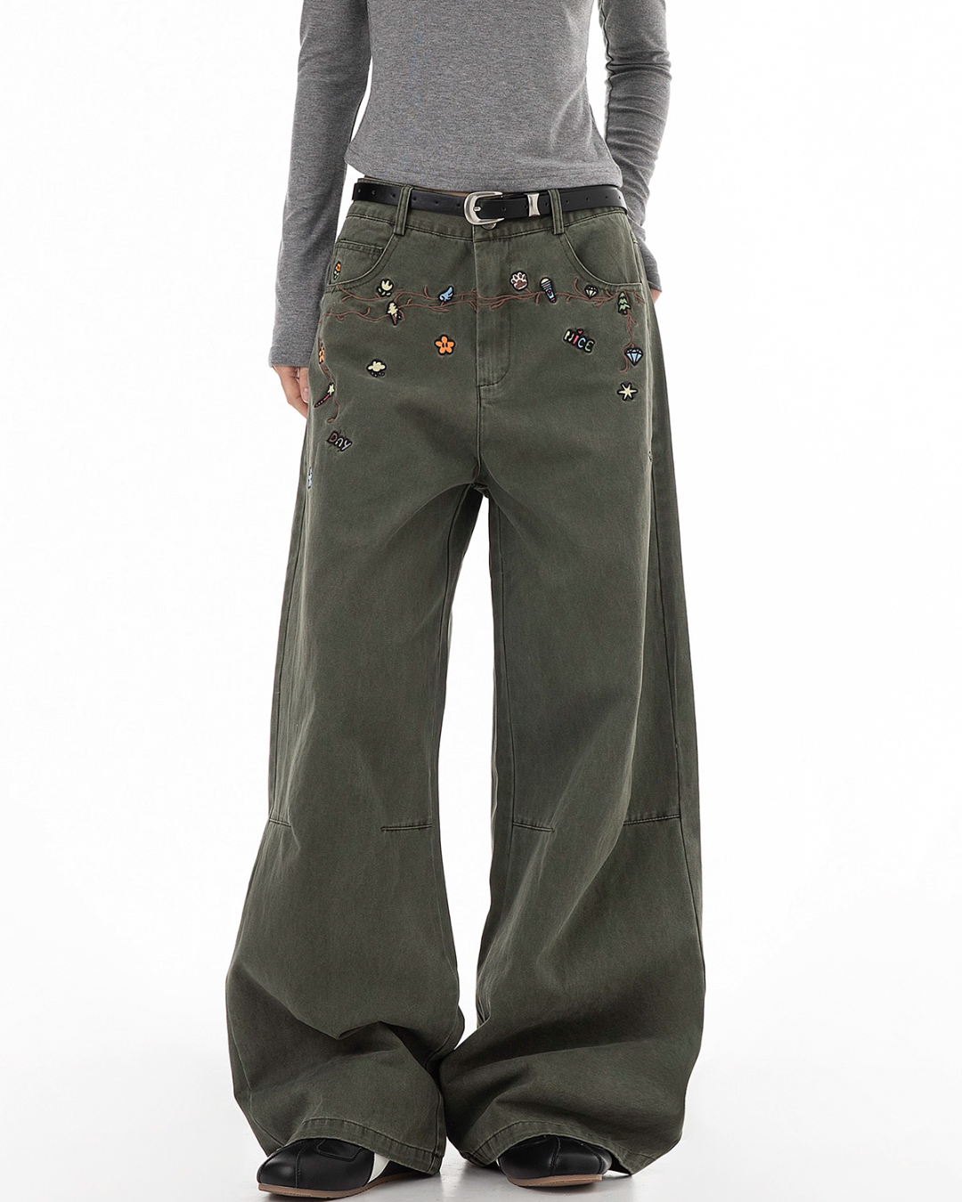 Floral Embroidery Wide Denim Pants ICM0116