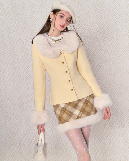 Sweet Cream Fur Jacket & Paid Mini Skirt UNP0004