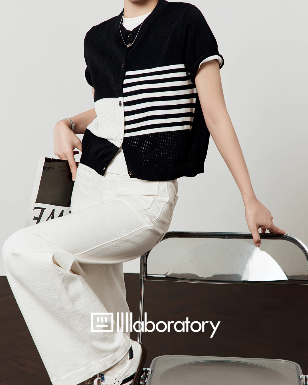 Color Block Stripe Knit / White Denim Pants LLA0496